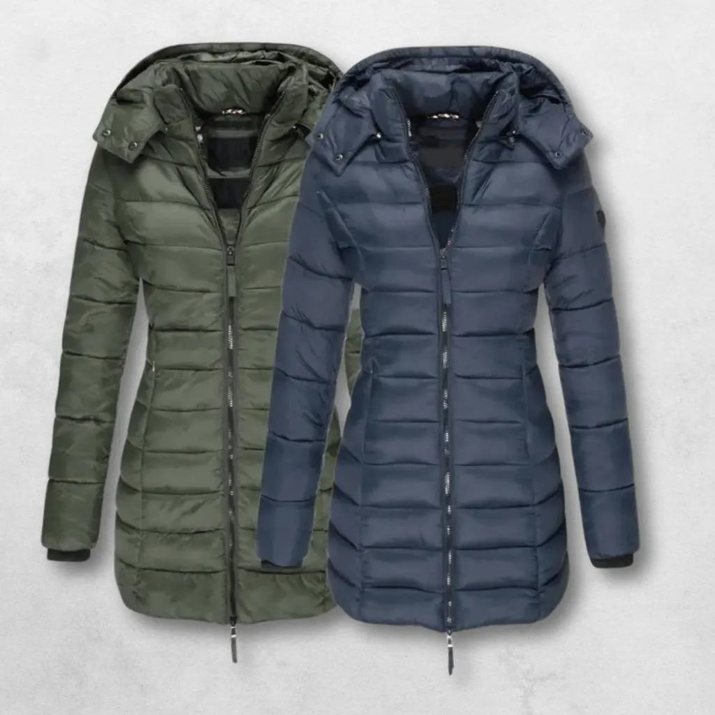 Women’s Padded Long Coat with Hood and Insulated Lining-Navy Blue