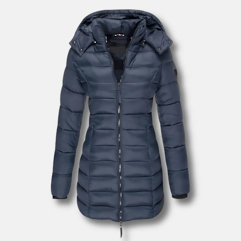 Women’s Padded Long Coat with Hood and Insulated Lining-Navy Blue