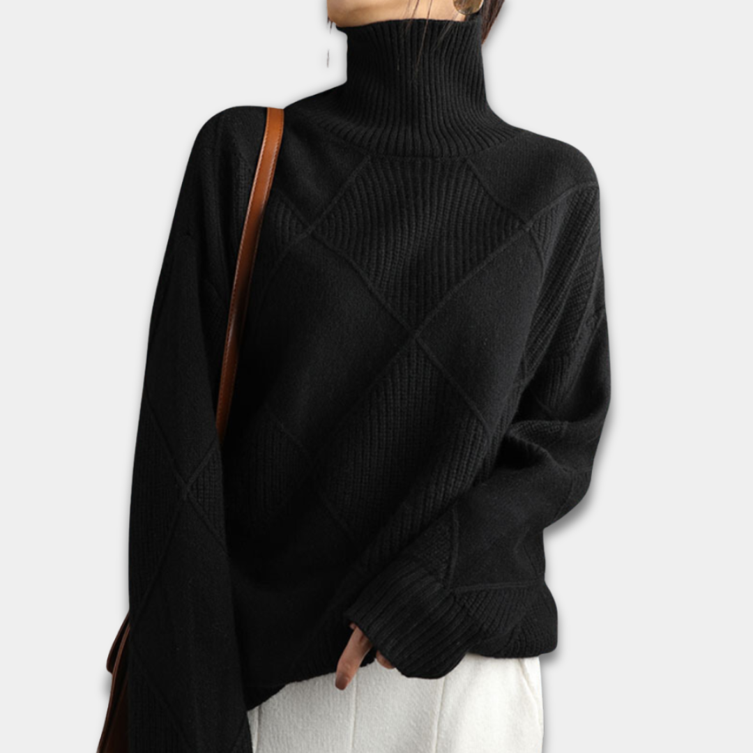Women’s Turtleneck Sweater Geometric Knit Pattern Long Sleeve Pullover-Black