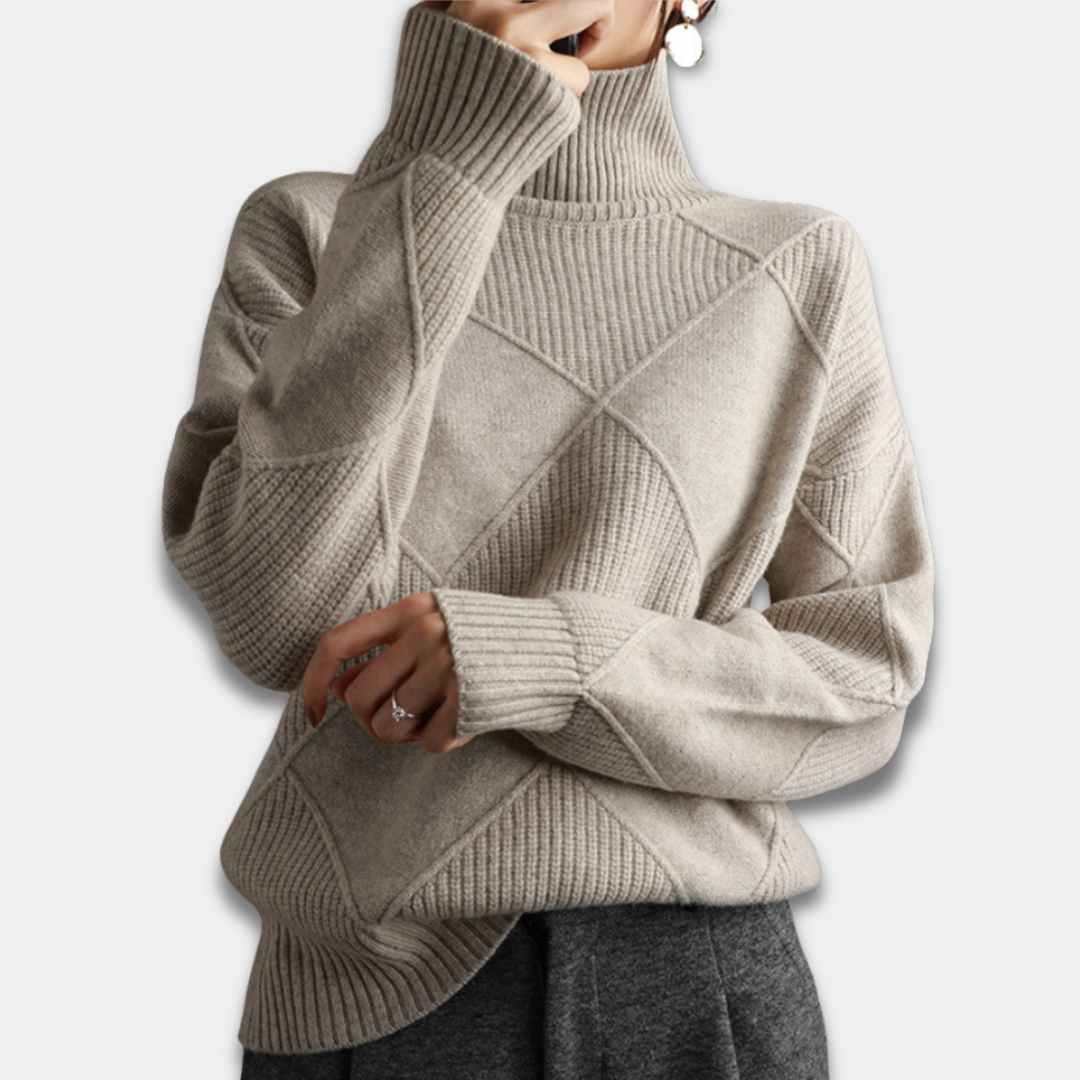 Women’s Turtleneck Sweater Geometric Knit Pattern Long Sleeve Pullover-Grey