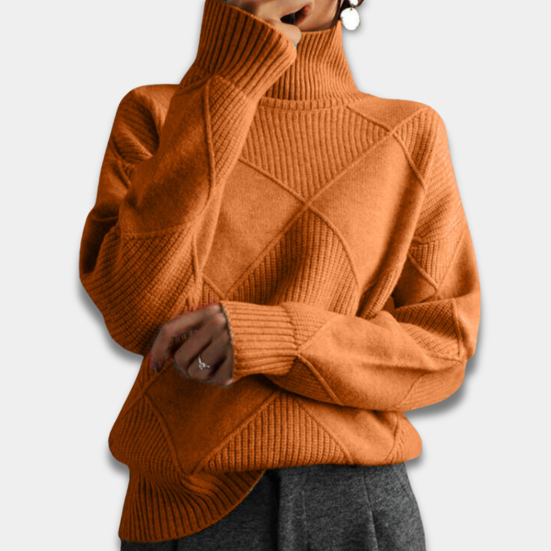 Women’s Turtleneck Sweater Geometric Knit Pattern Long Sleeve Pullover-Orange