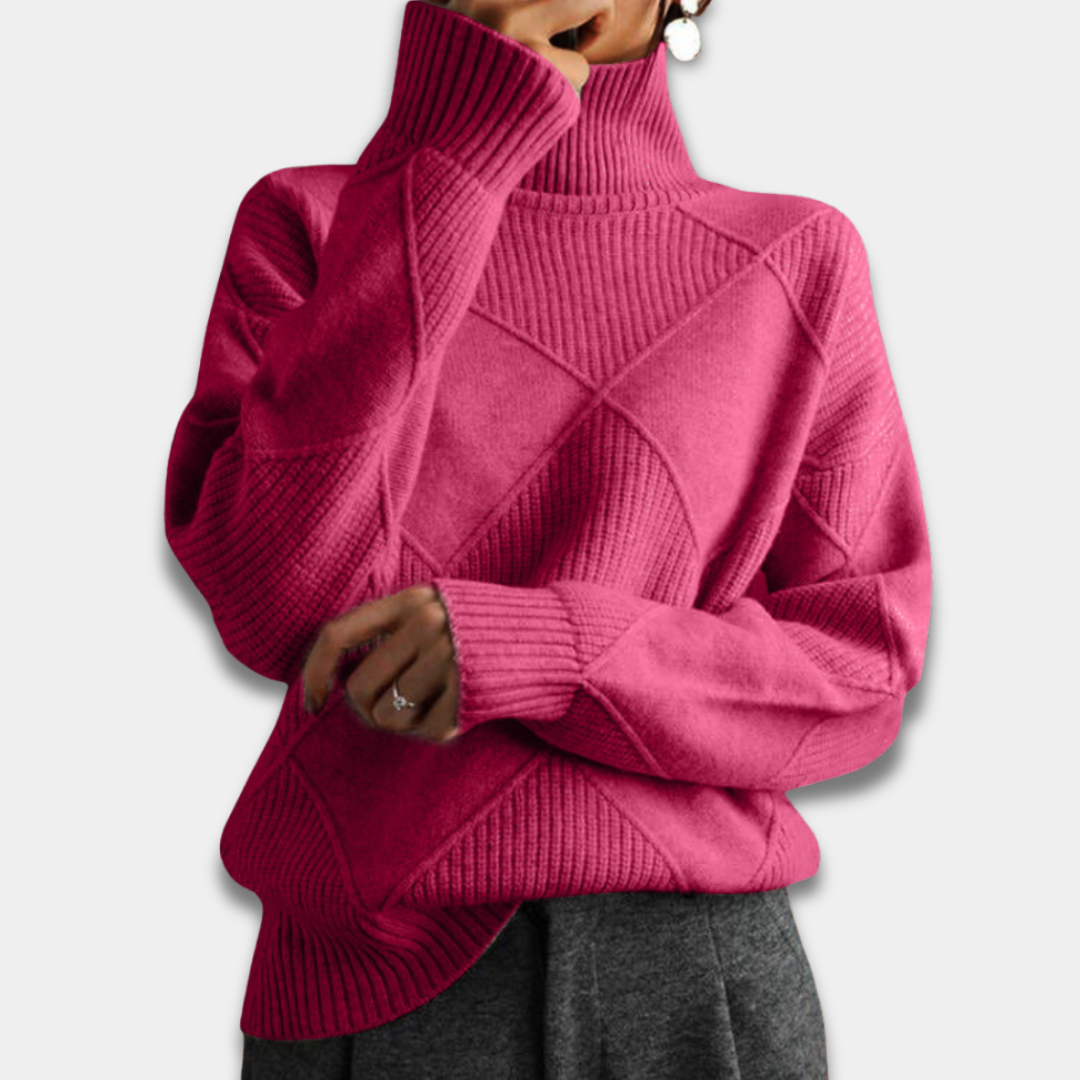 Women’s Turtleneck Sweater Geometric Knit Pattern Long Sleeve Pullover-Pink