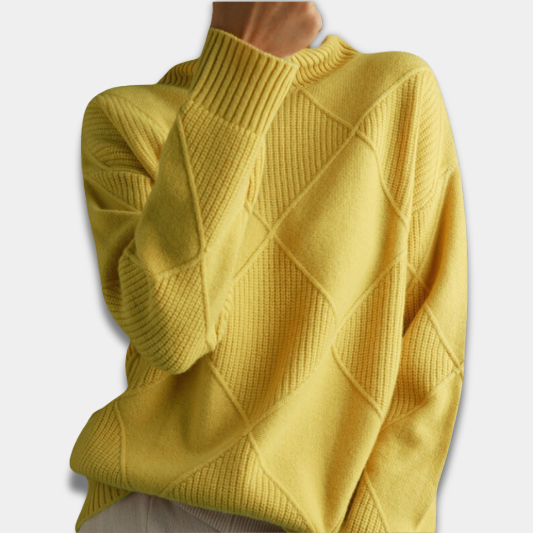 Women’s Turtleneck Sweater Geometric Knit Pattern Long Sleeve Pullover-Yellow