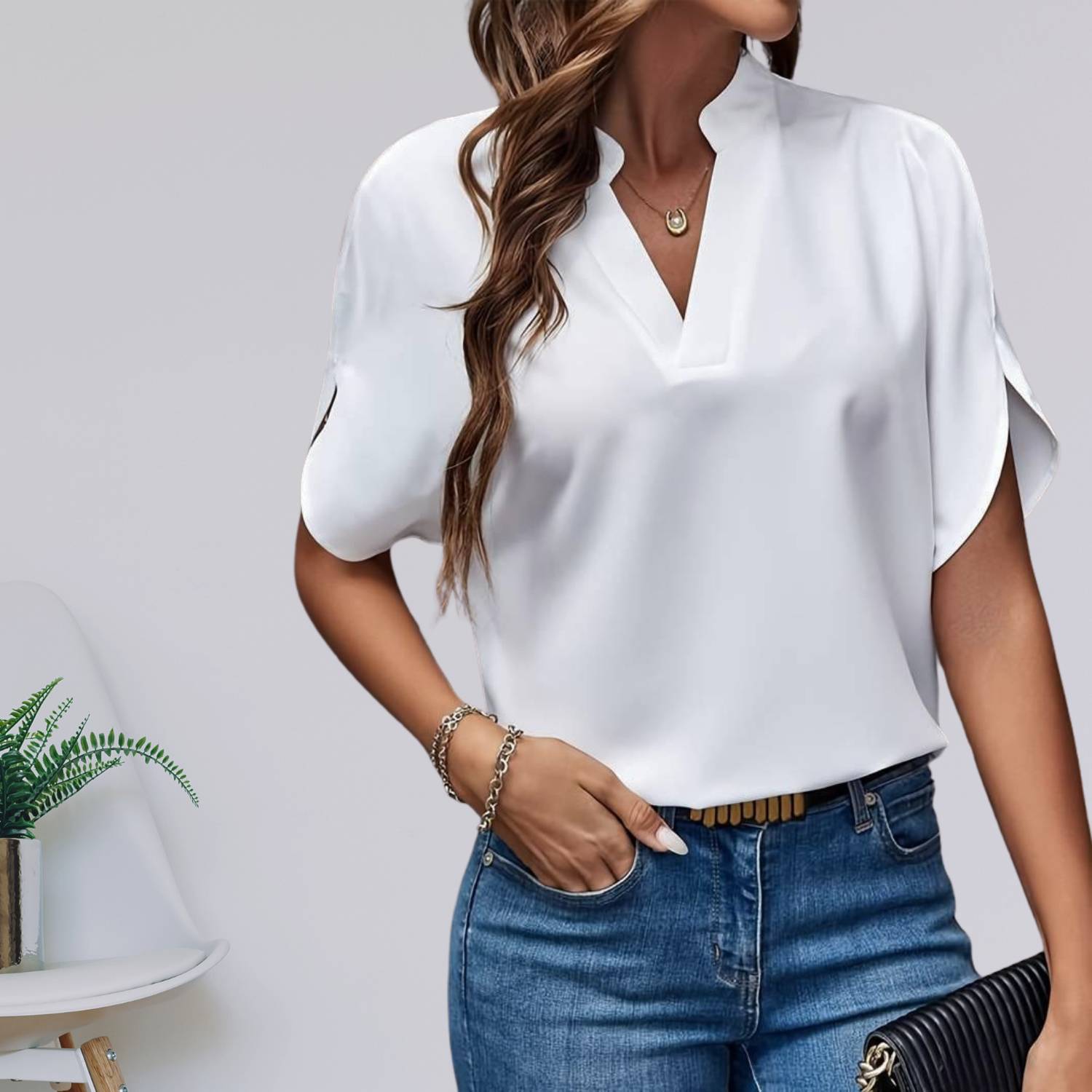 Chic Split Sleeve Blouse for Women with V-Neckline | Aisha-Lanuvo