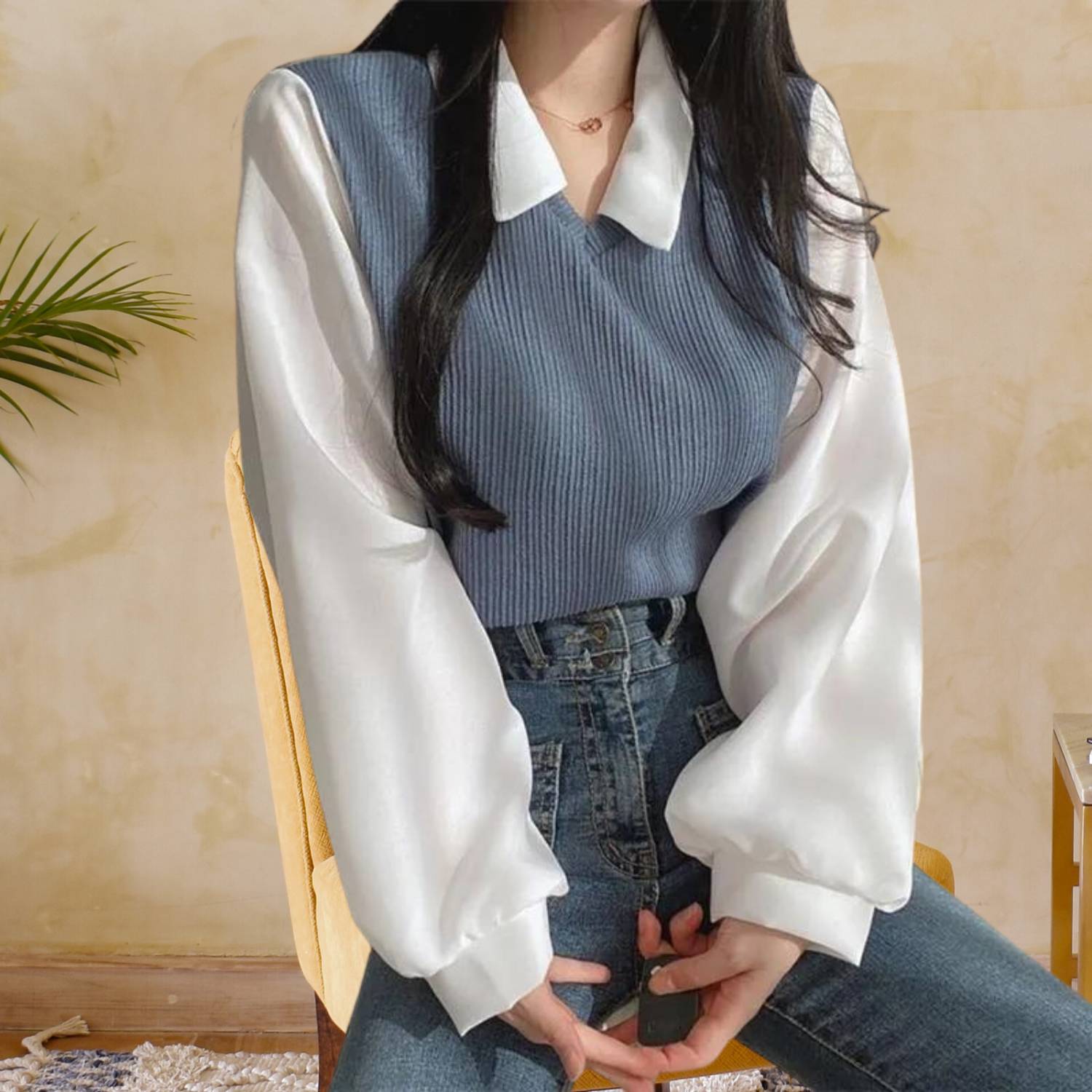 Elegant Y2K Long Sleeve Knitted Top for Women with Collar | Amarah-Lanuvo