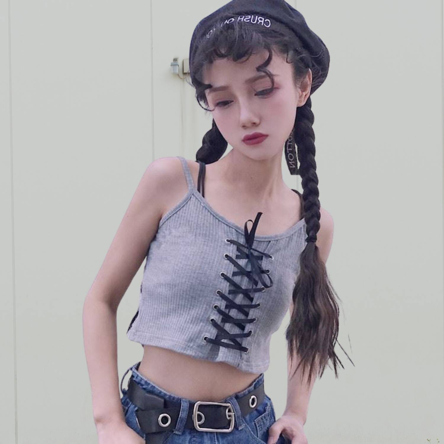 Fashionable Y2K Ribbed Tank Top for Women with Adjustable Front Lacing | Blenda-Lanuvo