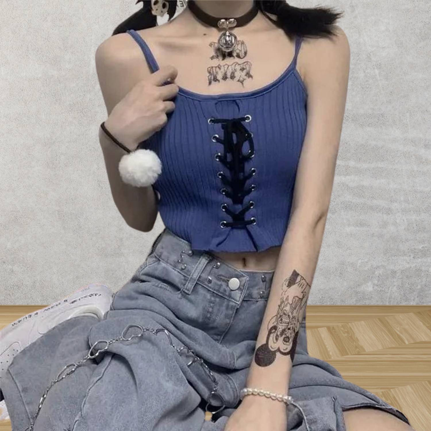 Fashionable Y2K Ribbed Tank Top for Women with Adjustable Front Lacing | Blenda-Lanuvo