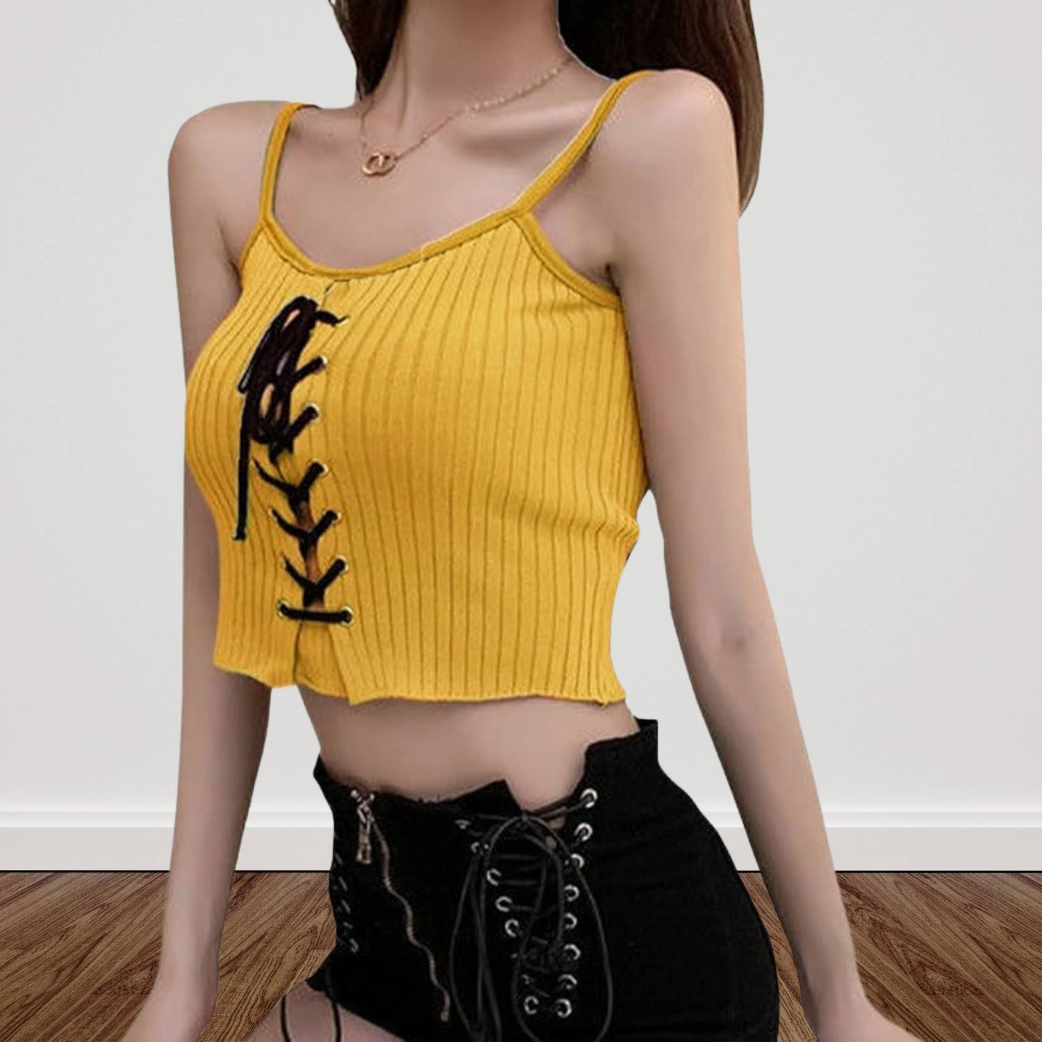 Fashionable Y2K Ribbed Tank Top for Women with Adjustable Front Lacing | Blenda-Lanuvo
