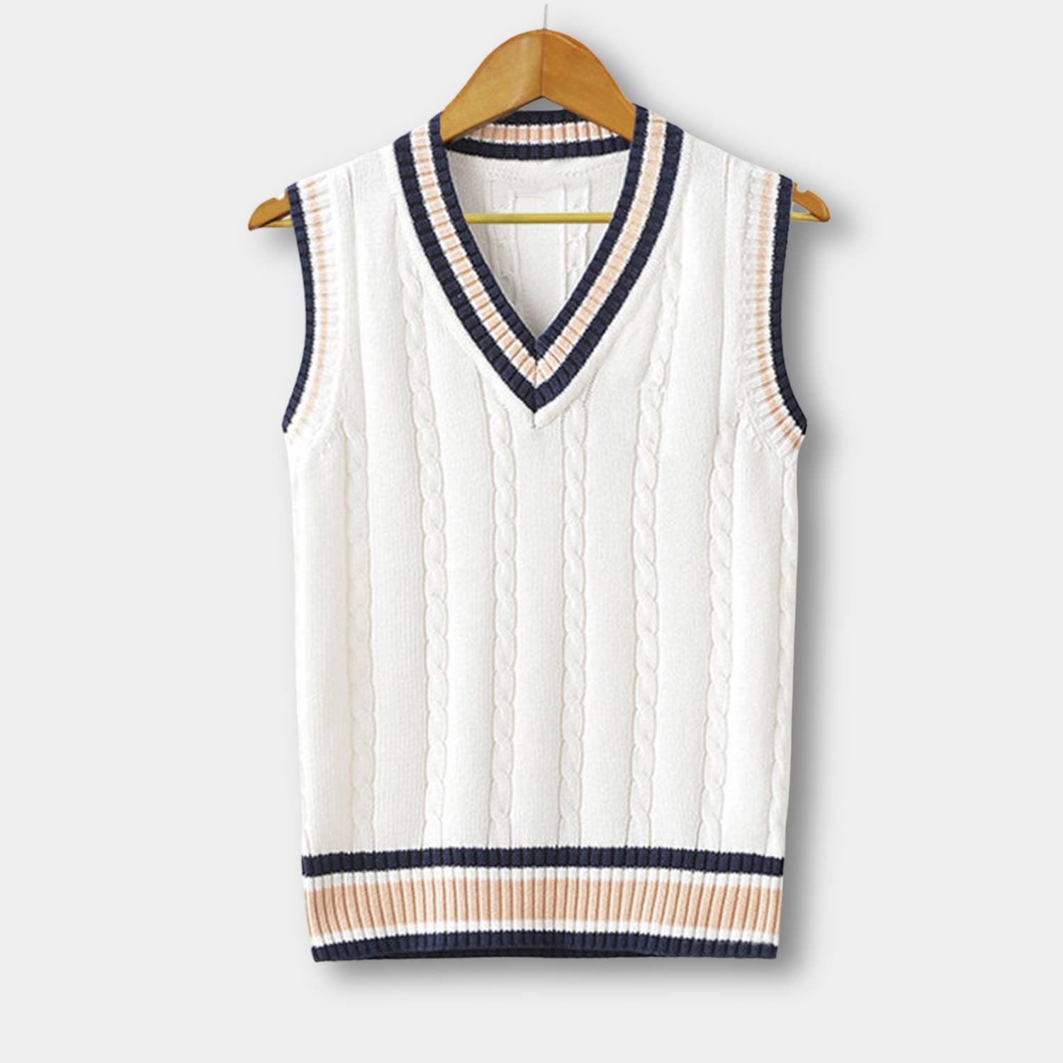 Old Money Knitted Sweater Vest for Men with Striped Trim and V-Neck | Harry-Lanuvo