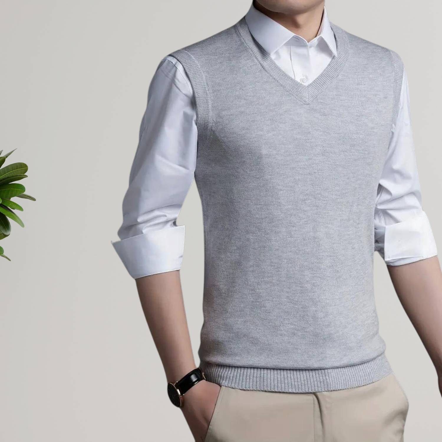 Old Money Knitted Sweater Vest for Men with Striped Trim and V-Neck | Harry-Lanuvo