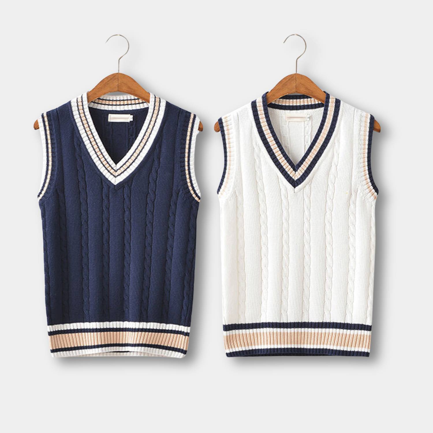 Old Money Knitted Sweater Vest for Men with Striped Trim and V-Neck | Harry-Lanuvo