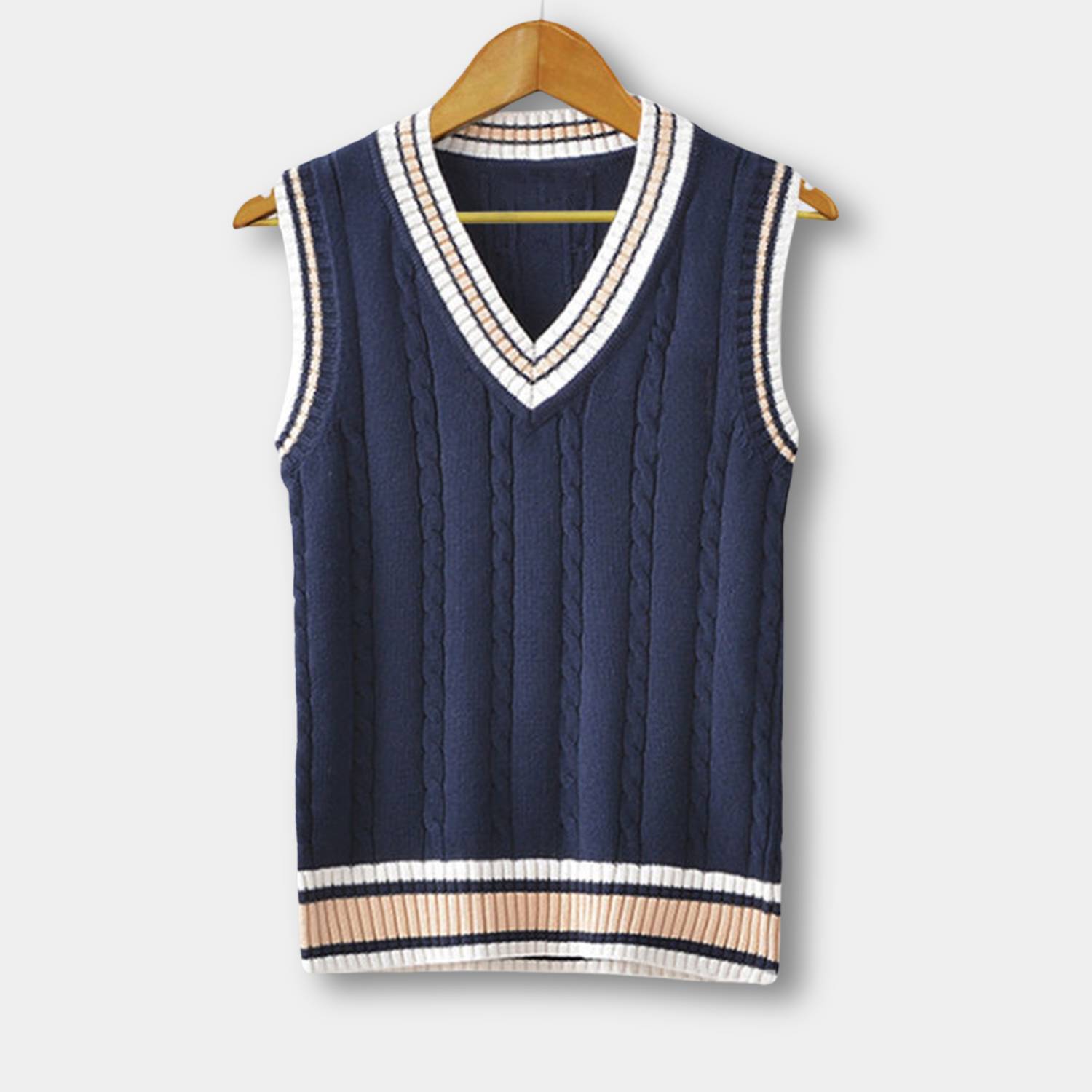 Old Money Knitted Sweater Vest for Men with Striped Trim and V-Neck | Harry-Lanuvo