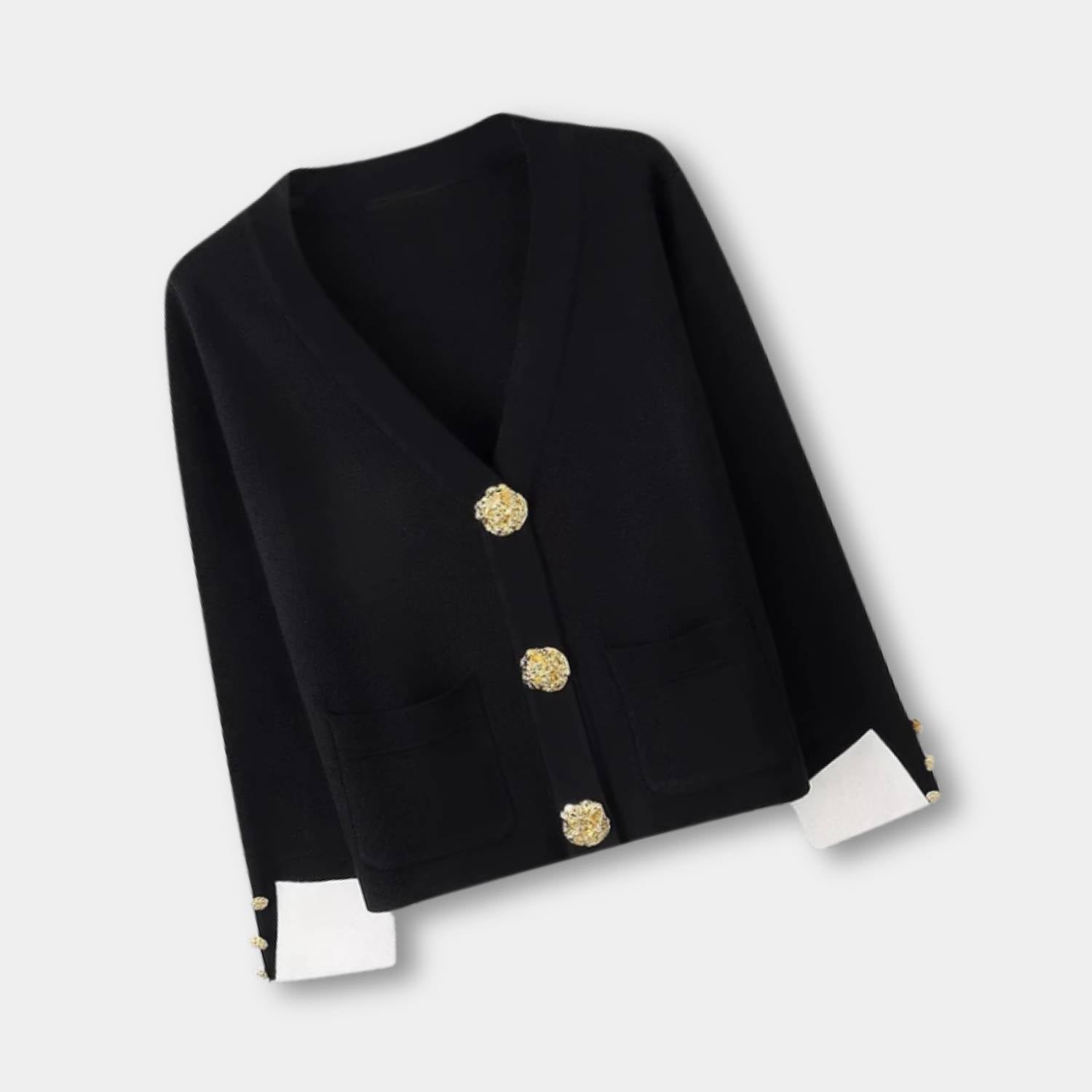 V-neck Knitted Cardigan for Women with Contrasting Gold-Coloured Buttons | Dora-Lanuvo