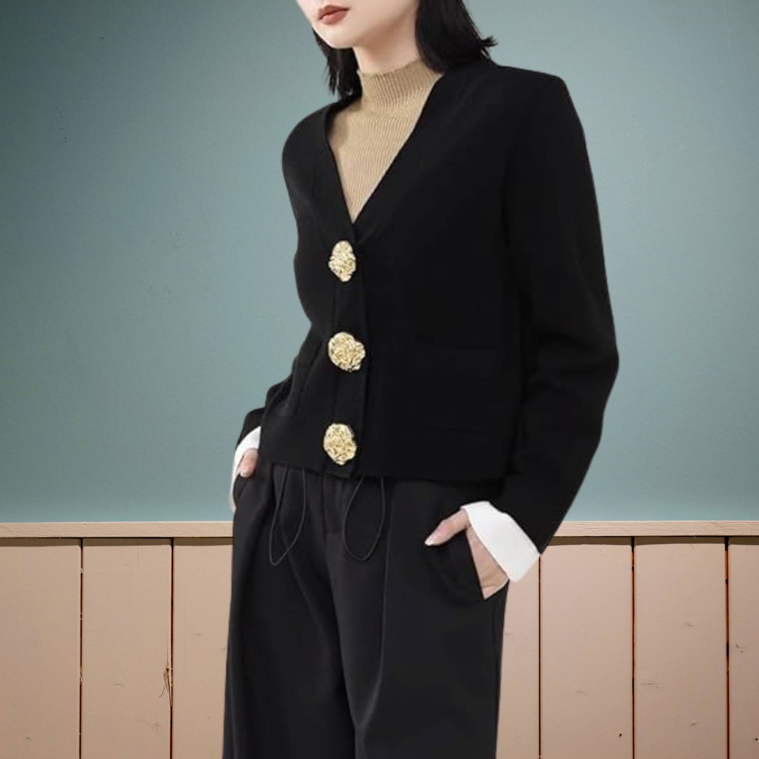V-neck Knitted Cardigan for Women with Contrasting Gold-Coloured Buttons | Dora-Lanuvo