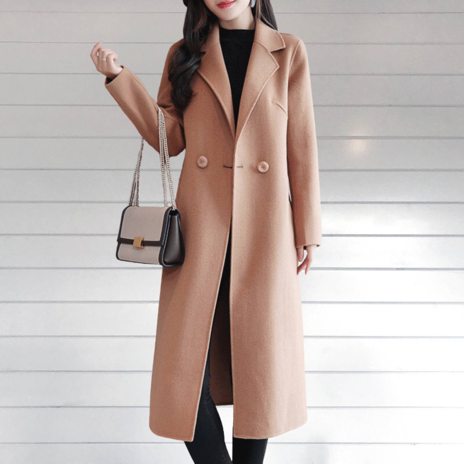 Warm Wool Long Winter Coat for Women with Lapel Collar | Debbie-Lanuvo