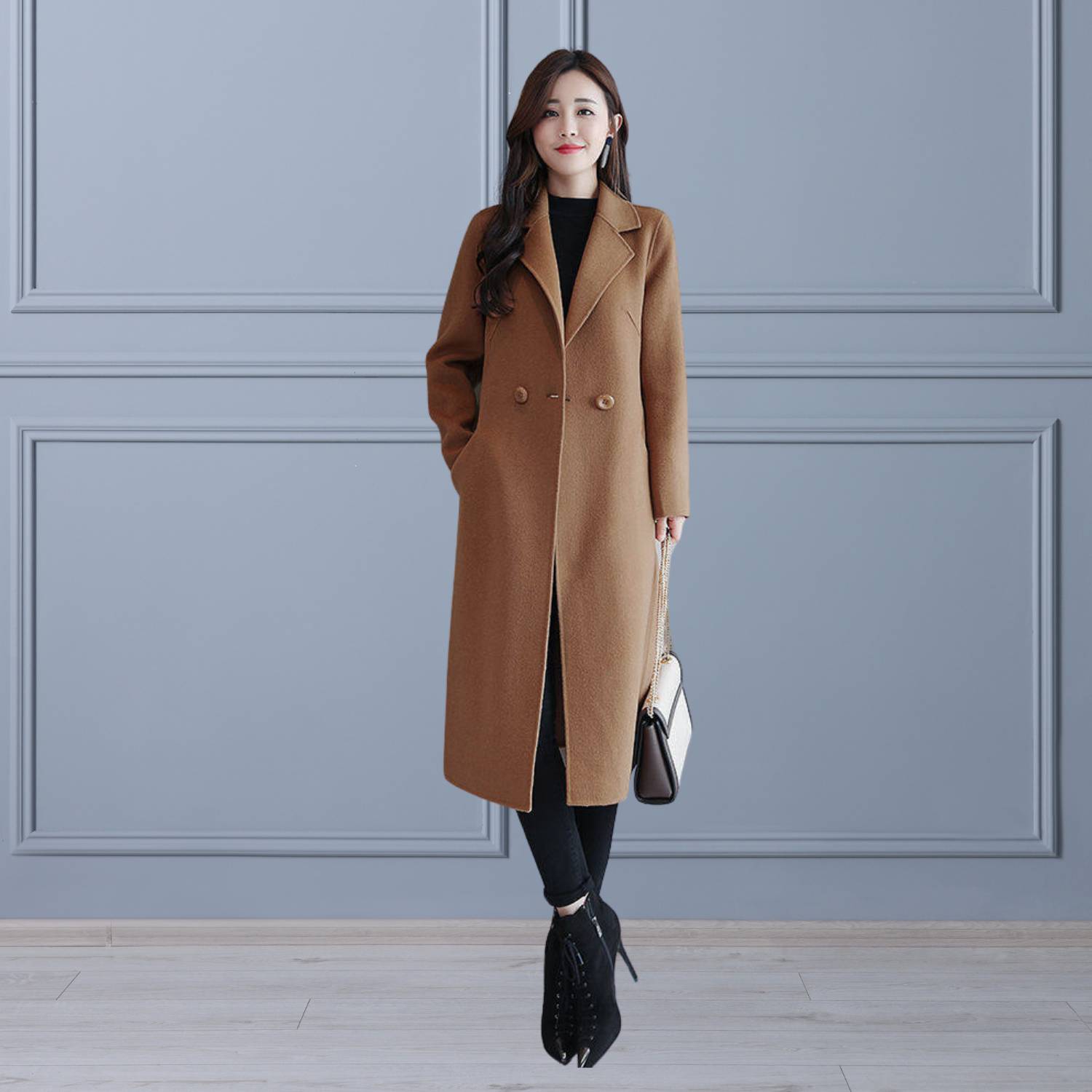 Warm Wool Long Winter Coat for Women with Lapel Collar | Debbie-Lanuvo