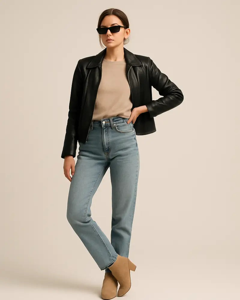 Woman wearing black leather jacket, beige knit, blue straight-leg jeans and tan ankle boots, studio shot.