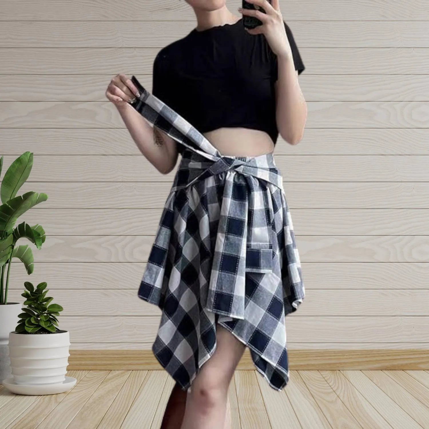 Casual Vintage Plaid Skirt for Women with Adjustable Waist | Charlotte-White/Blue