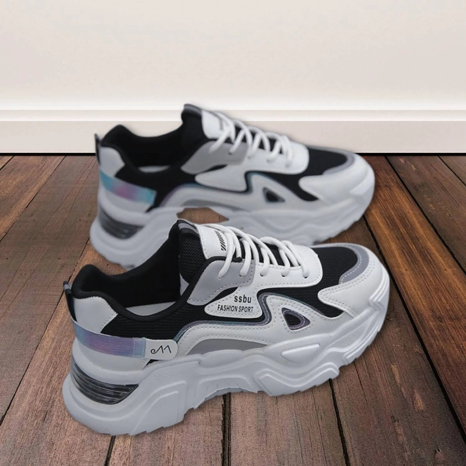 Charina Women’s Sneakers with Thick Sole – Comfortable Lace-Up Design-White/Black