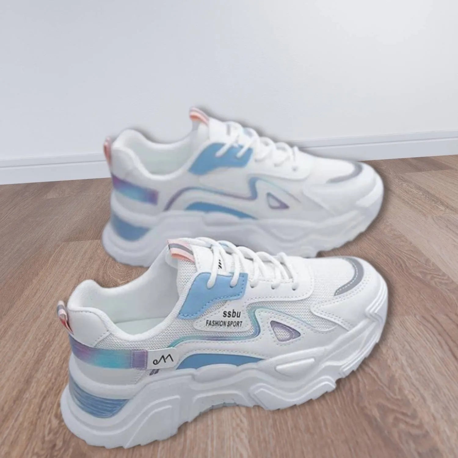 Charina Women’s Sneakers with Thick Sole – Comfortable Lace-Up Design-White/Blue