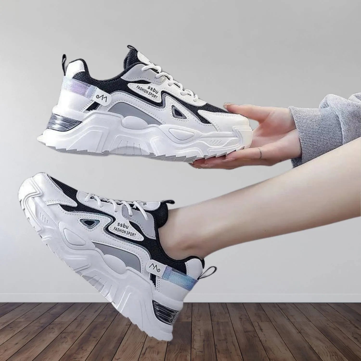 Charina Women’s Sneakers with Thick Sole – Comfortable Lace-Up Design-White/Black