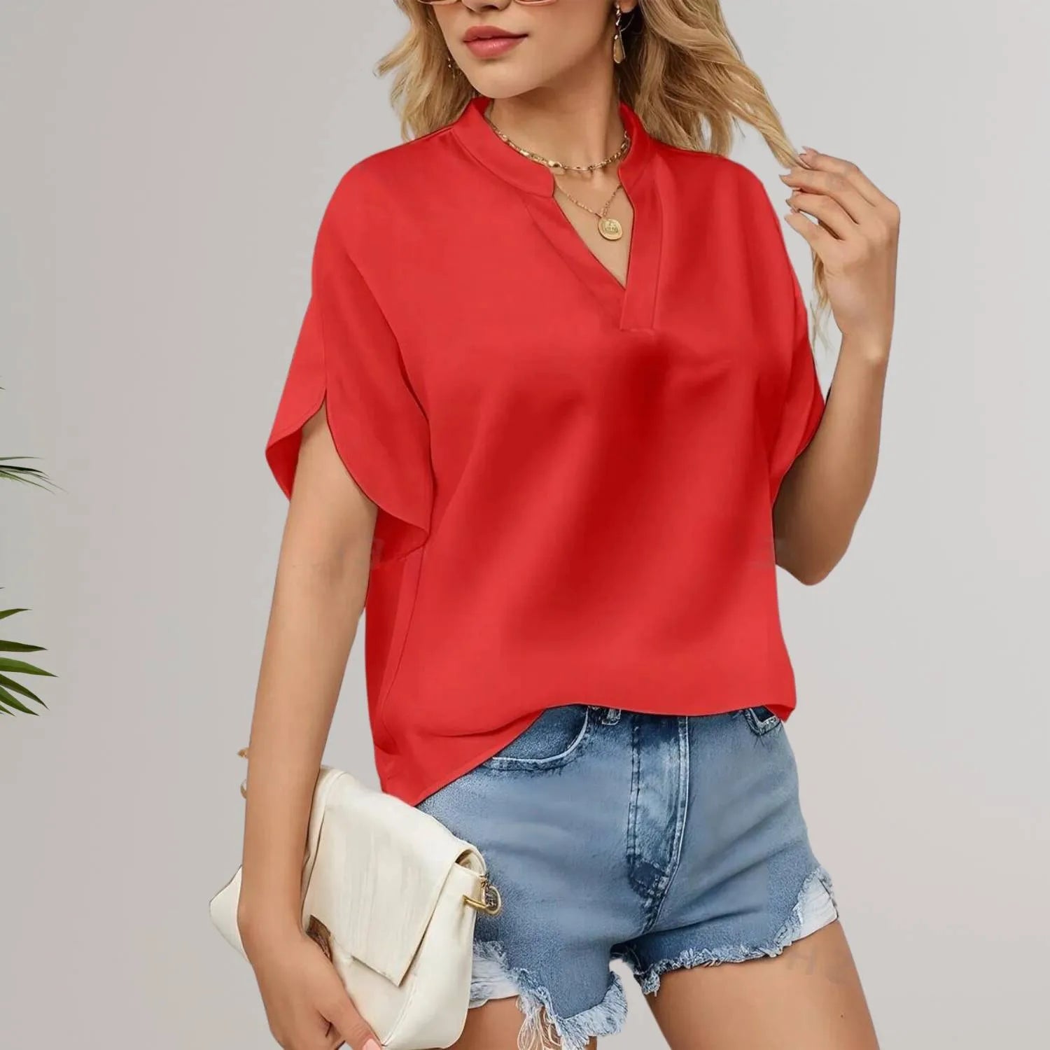 Chic Lightweight Split Sleeve Blouse for Women with V-Neckline | Aisha-Red