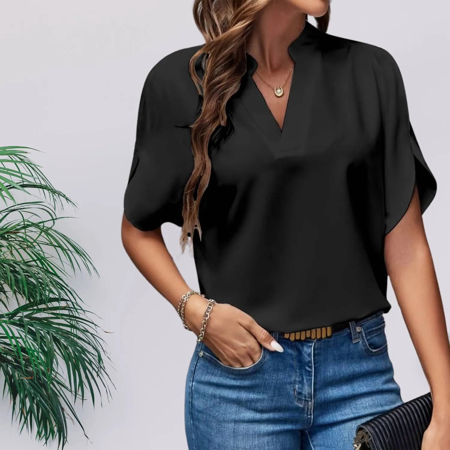 Chic Lightweight Split Sleeve Blouse for Women with V-Neckline | Aisha-Black