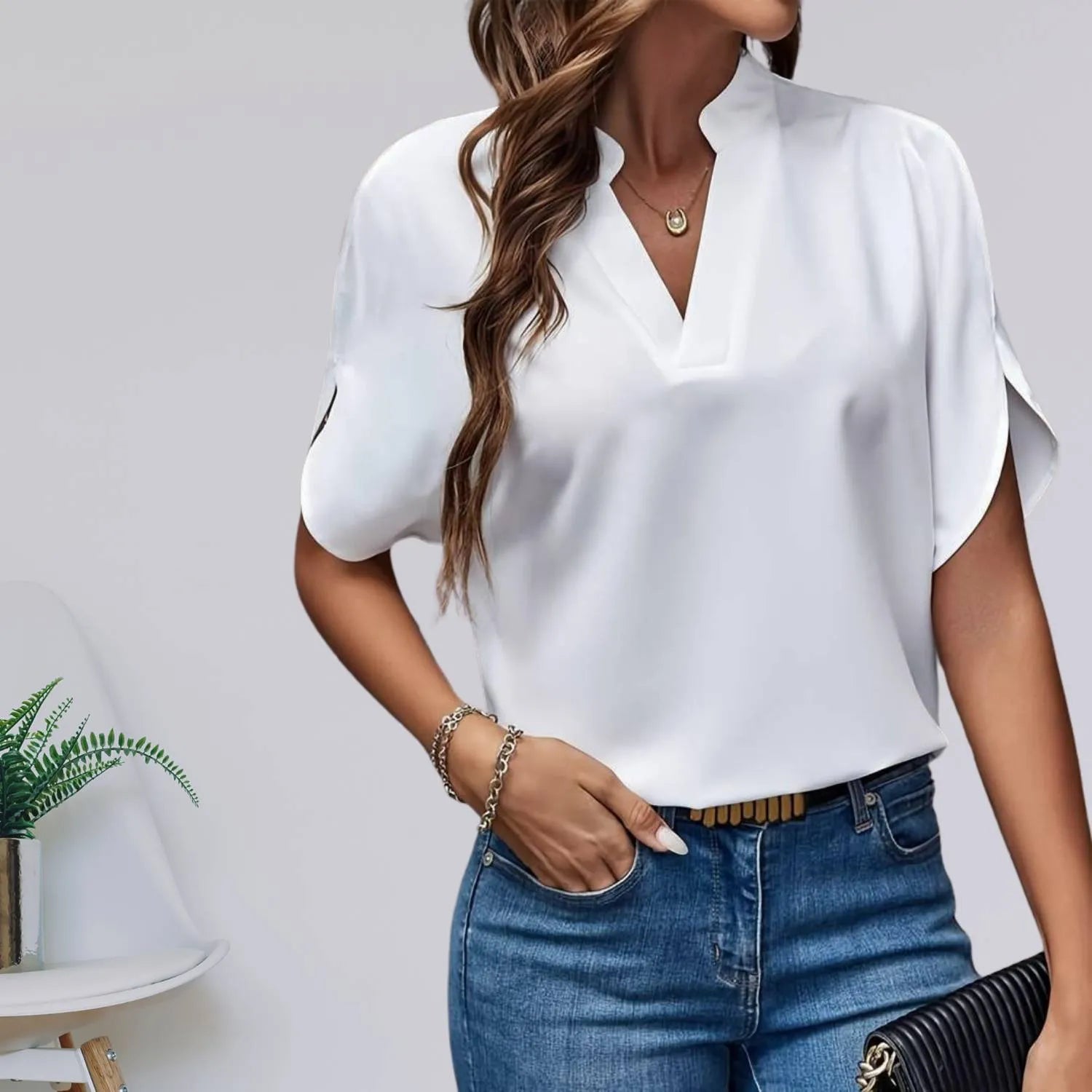 Chic Lightweight Split Sleeve Blouse for Women with V-Neckline | Aisha-White