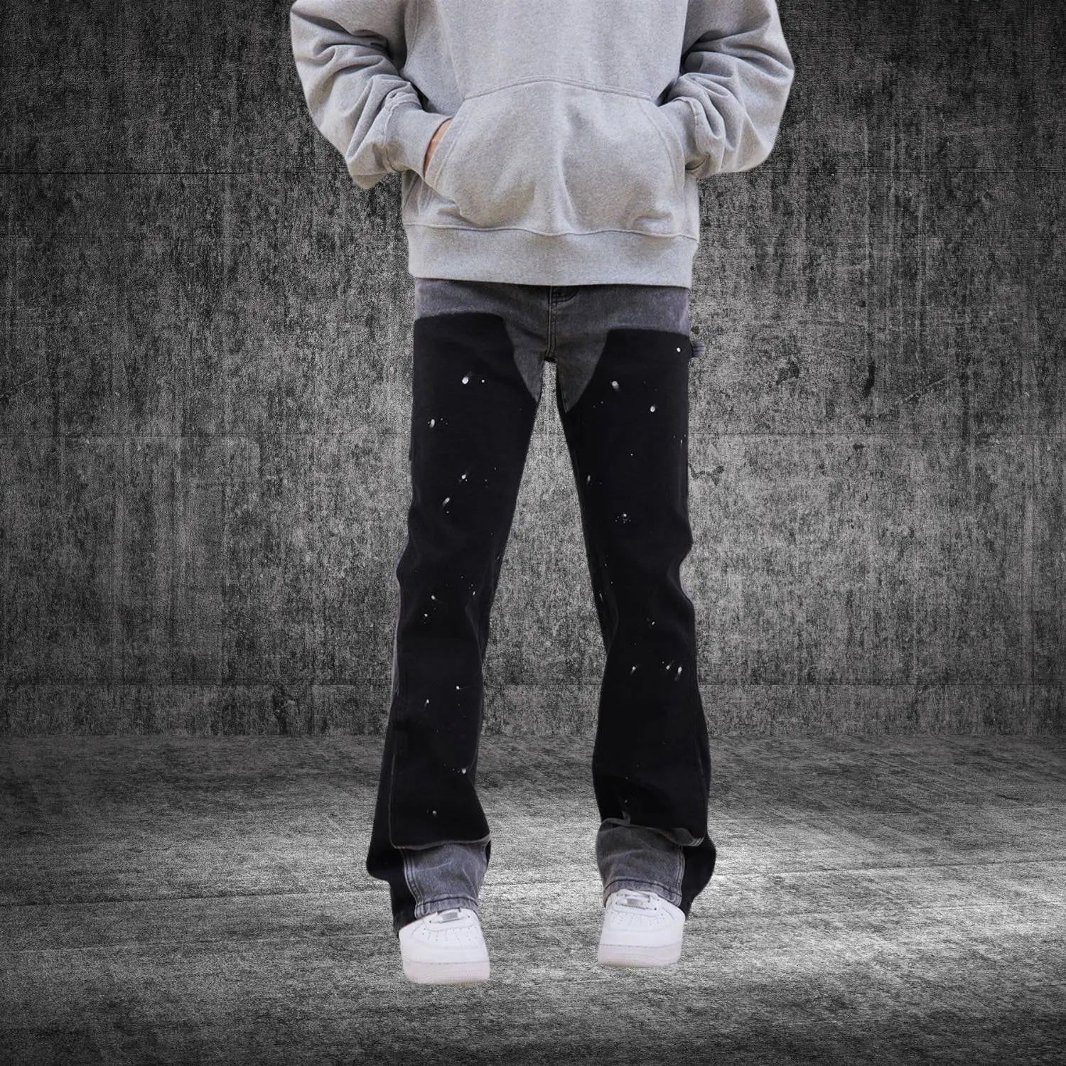 High-waisted Patchwork Denim Trousers for Men with Retro Flare-Black