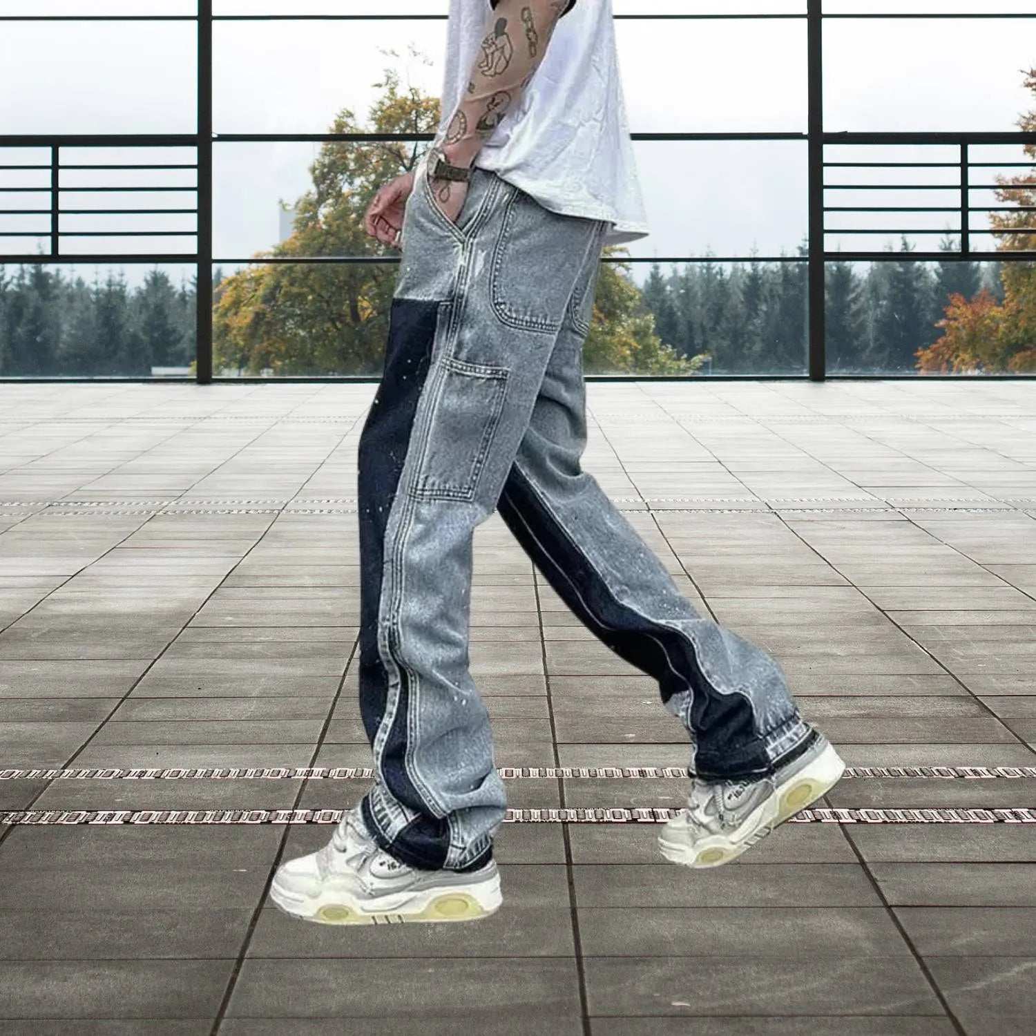 High-waisted Patchwork Denim Trousers for Men with Retro Flare-Blue