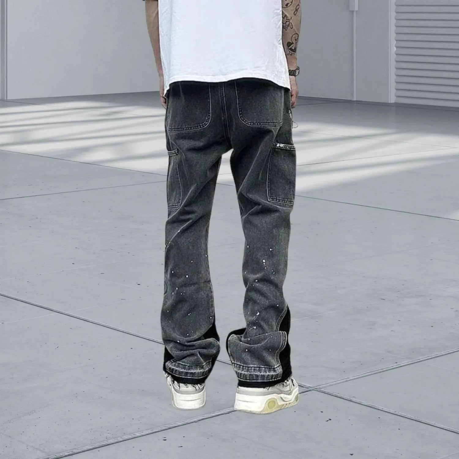 High-waisted Patchwork Denim Trousers for Men with Retro Flare-Black