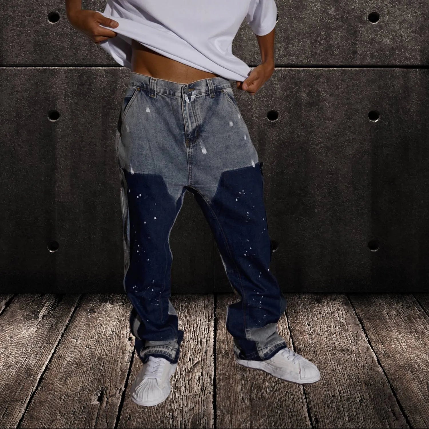 High-waisted Patchwork Denim Trousers for Men with Retro Flare-Blue