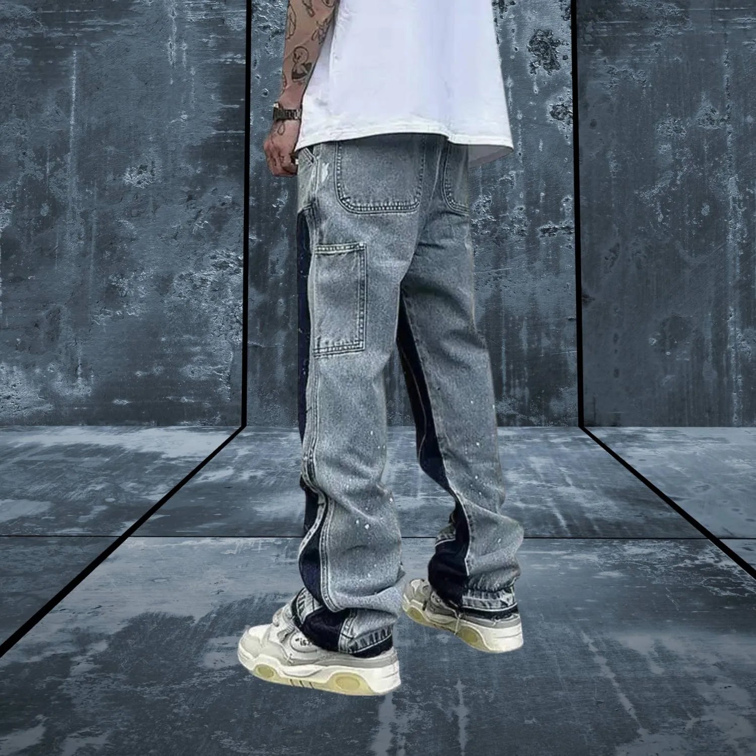 High-waisted Patchwork Denim Trousers for Men with Retro Flare-Blue