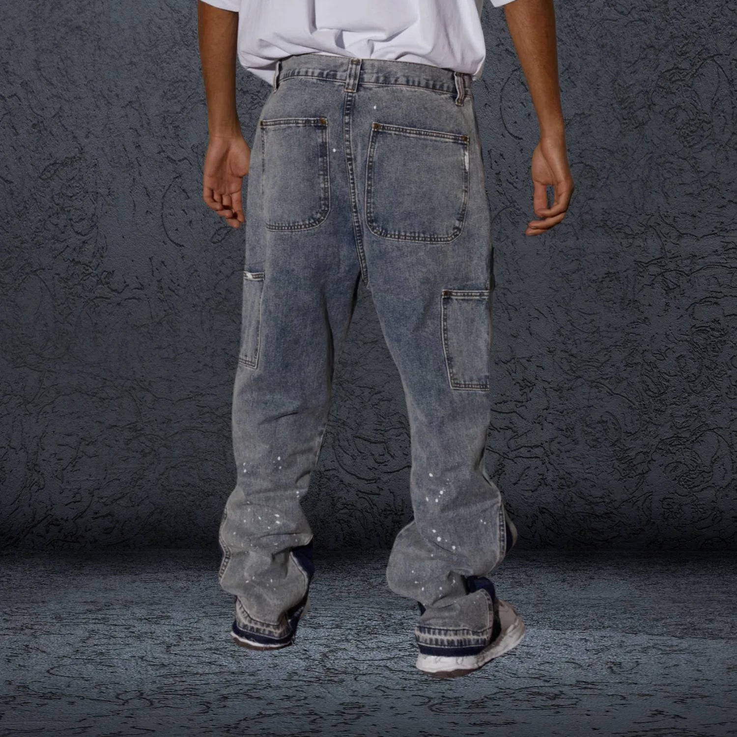 High-waisted Patchwork Denim Trousers for Men with Retro Flare-Blue