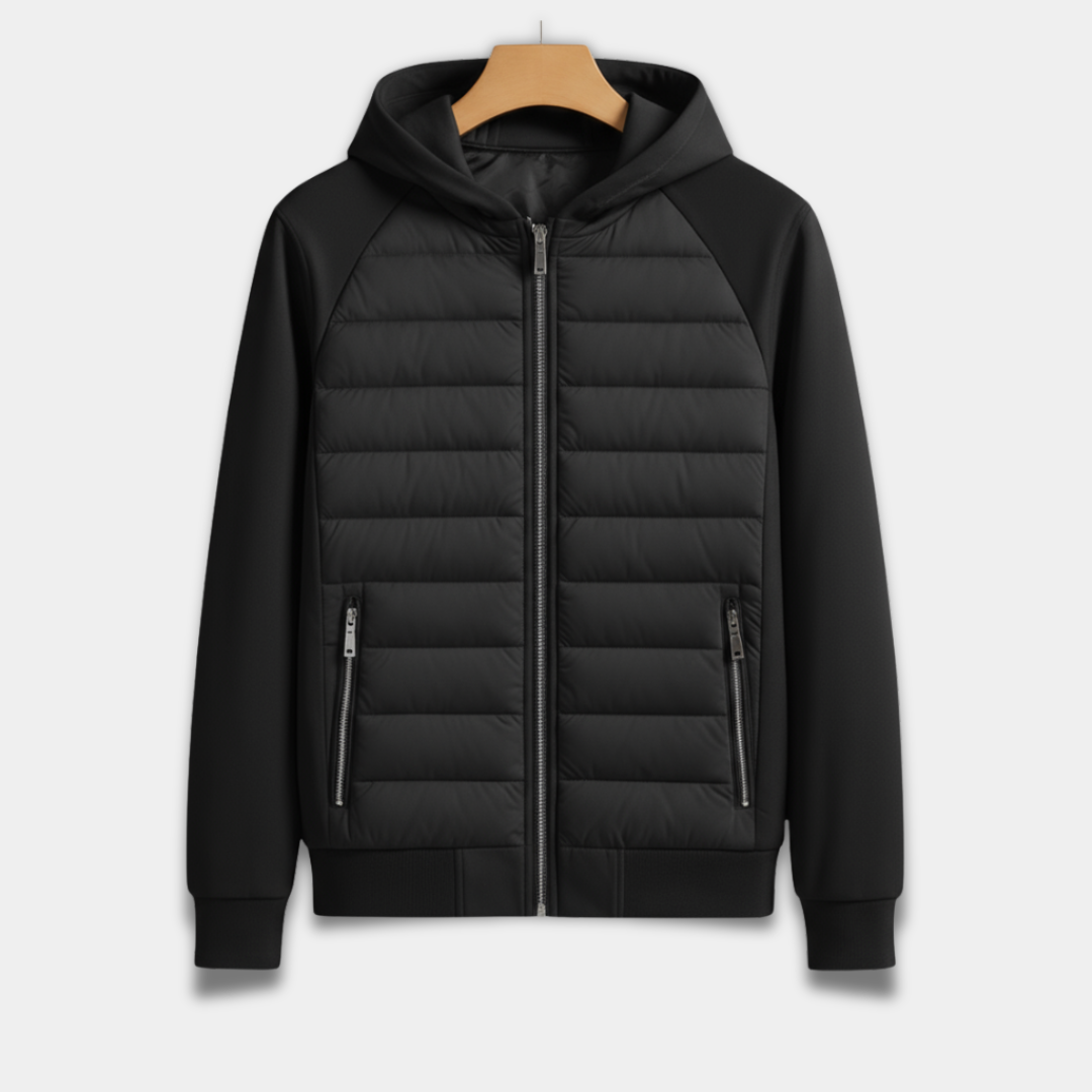 Men’s Quilted Hooded Jacket with Front Zipper and Warm Lining