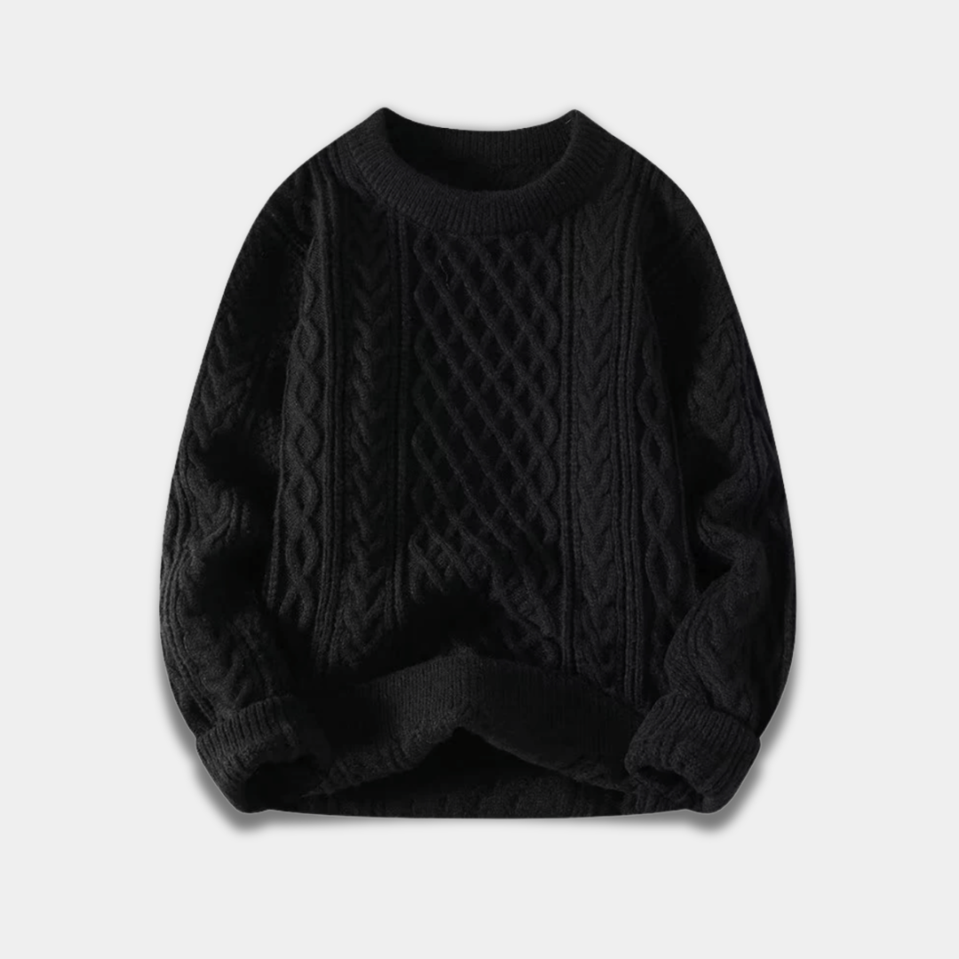 Men’s Cable Knit Sweater with Crew Neck and Relaxed Fit-Black