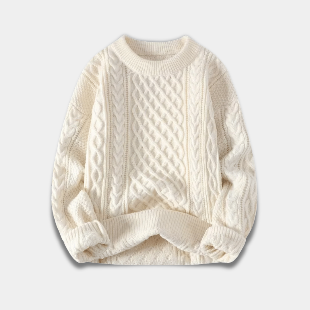 Men’s Cable Knit Sweater with Crew Neck and Relaxed Fit-White