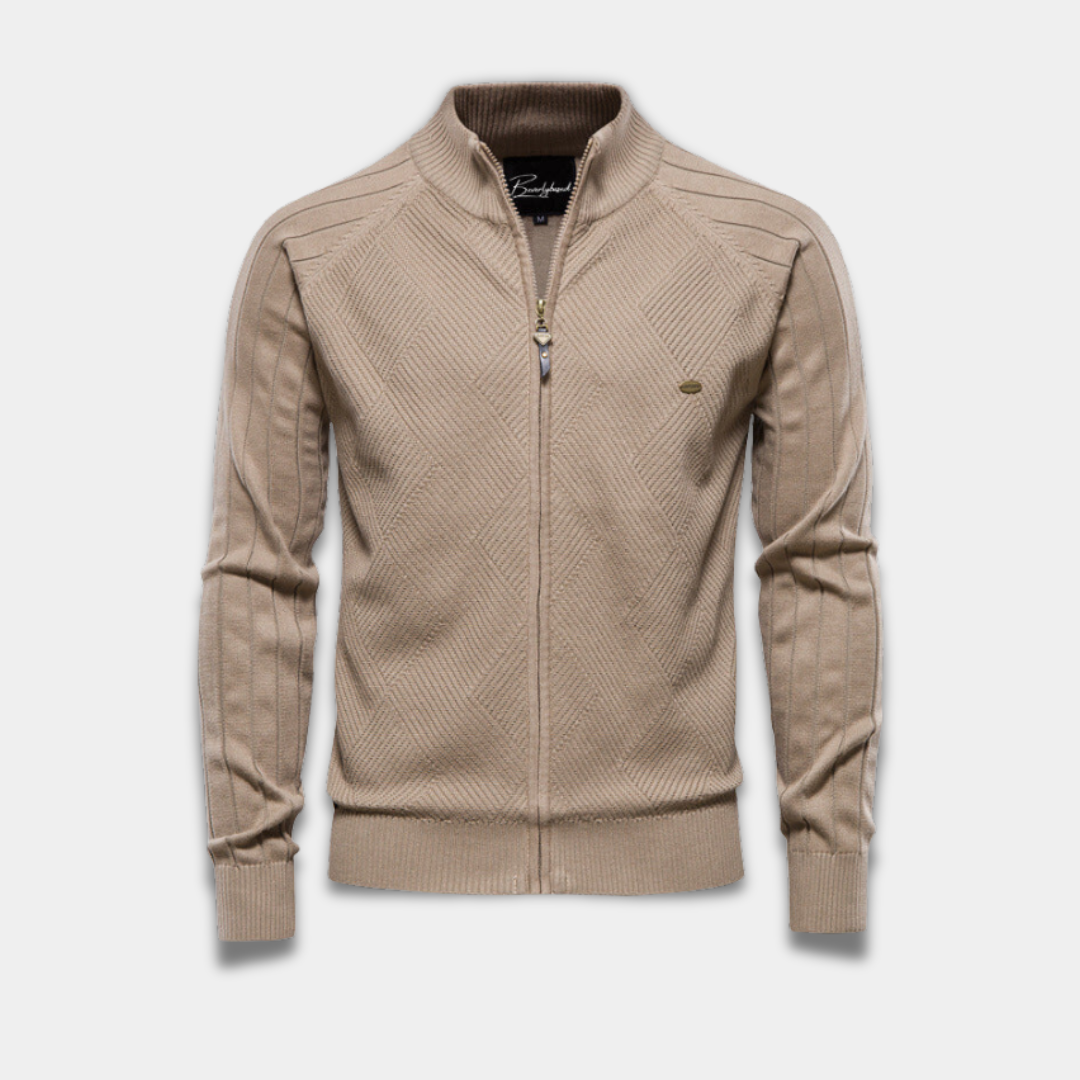 Men’s Full-Zip Knitted Cardigan with Textured Pattern-Beige