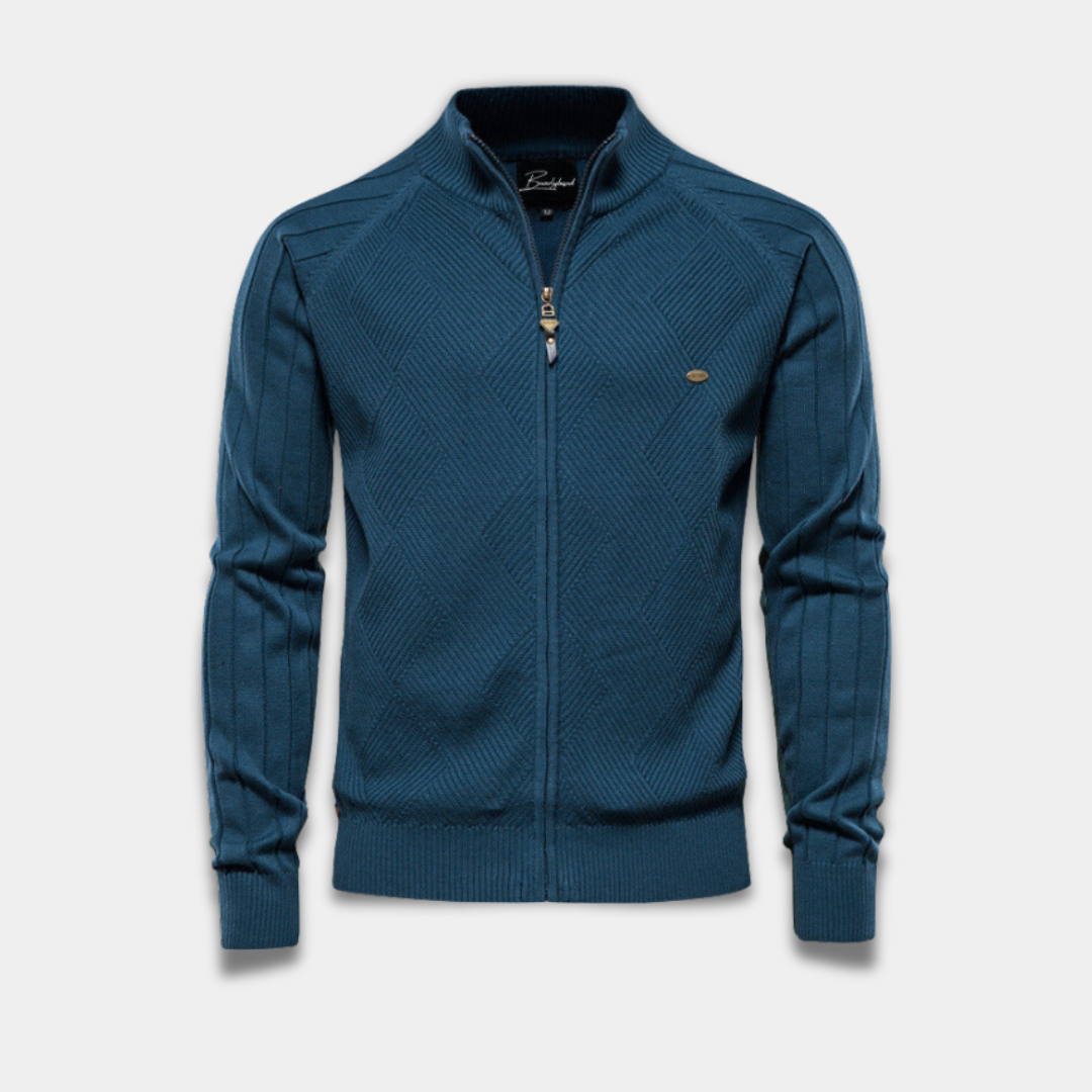 Men’s Full-Zip Knitted Cardigan with Textured Pattern-Blue