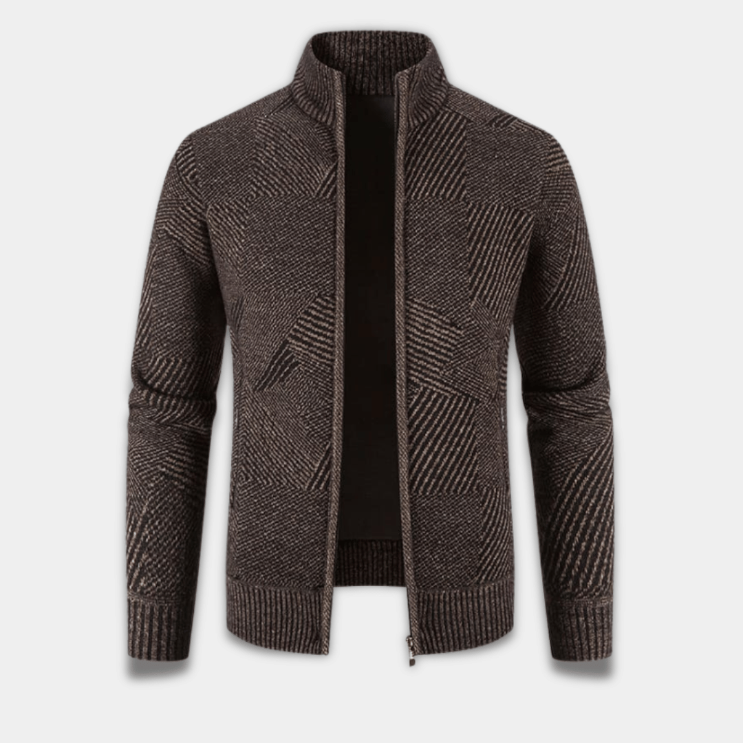 Men’s Geometric Knit Zip-Up Cardigan Sweater-Brown