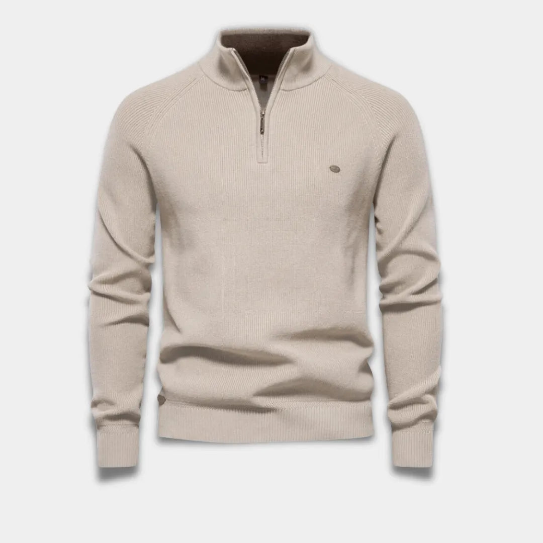 Men’s Half-Zip Sweater – Classic Fit with Ribbed Trim-Beige
