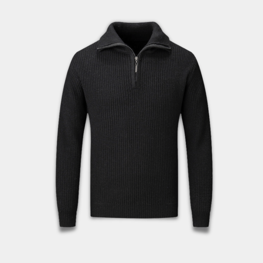 Men’s Half Zip Sweater with Textured Knit and High Collar-Black