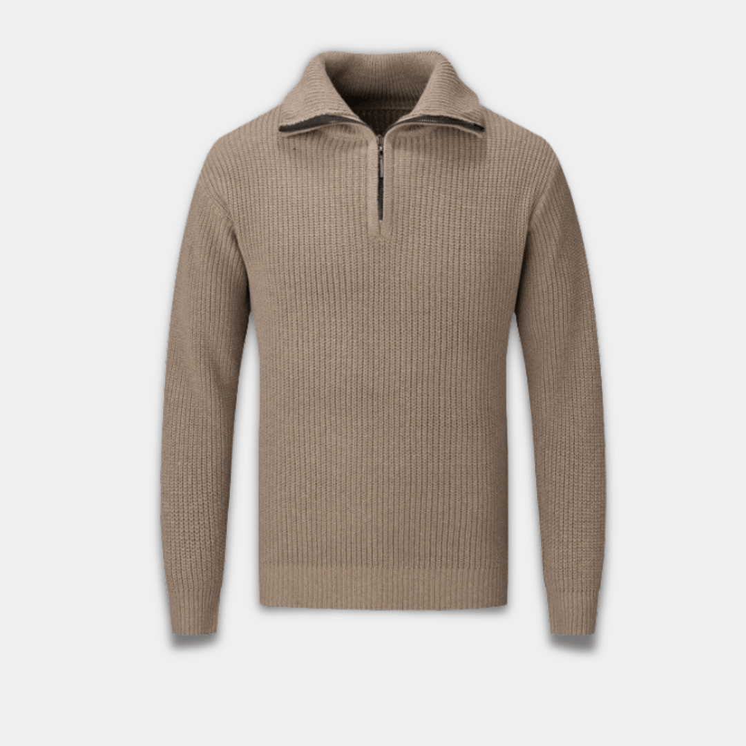 Men’s Half Zip Sweater with Textured Knit and High Collar-Brown