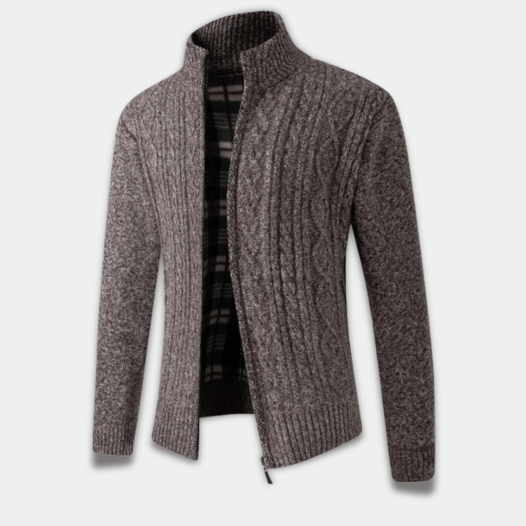 Men’s Knitted Zip-Up Cardigan with Cable Pattern and Warm Plaid Lining-Brown