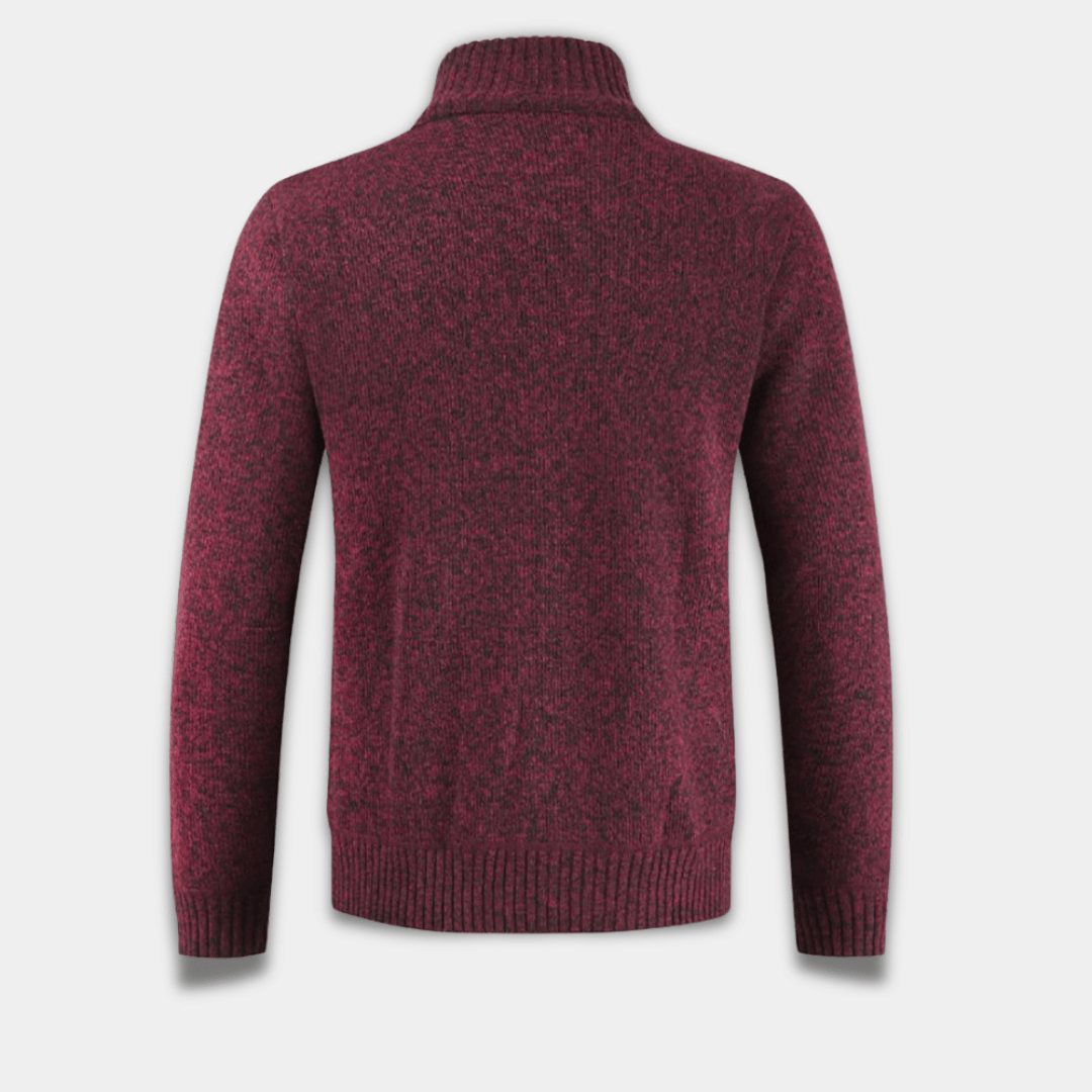 Men’s Knitted Zip-Up Cardigan with Cable Pattern and Warm Plaid Lining-Dark Red