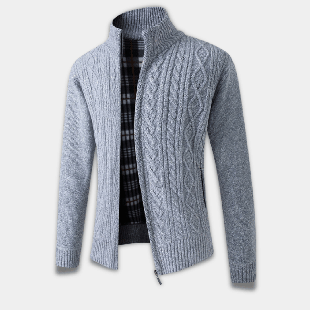 Men’s Knitted Zip-Up Cardigan with Cable Pattern and Warm Plaid Lining-Light Grey