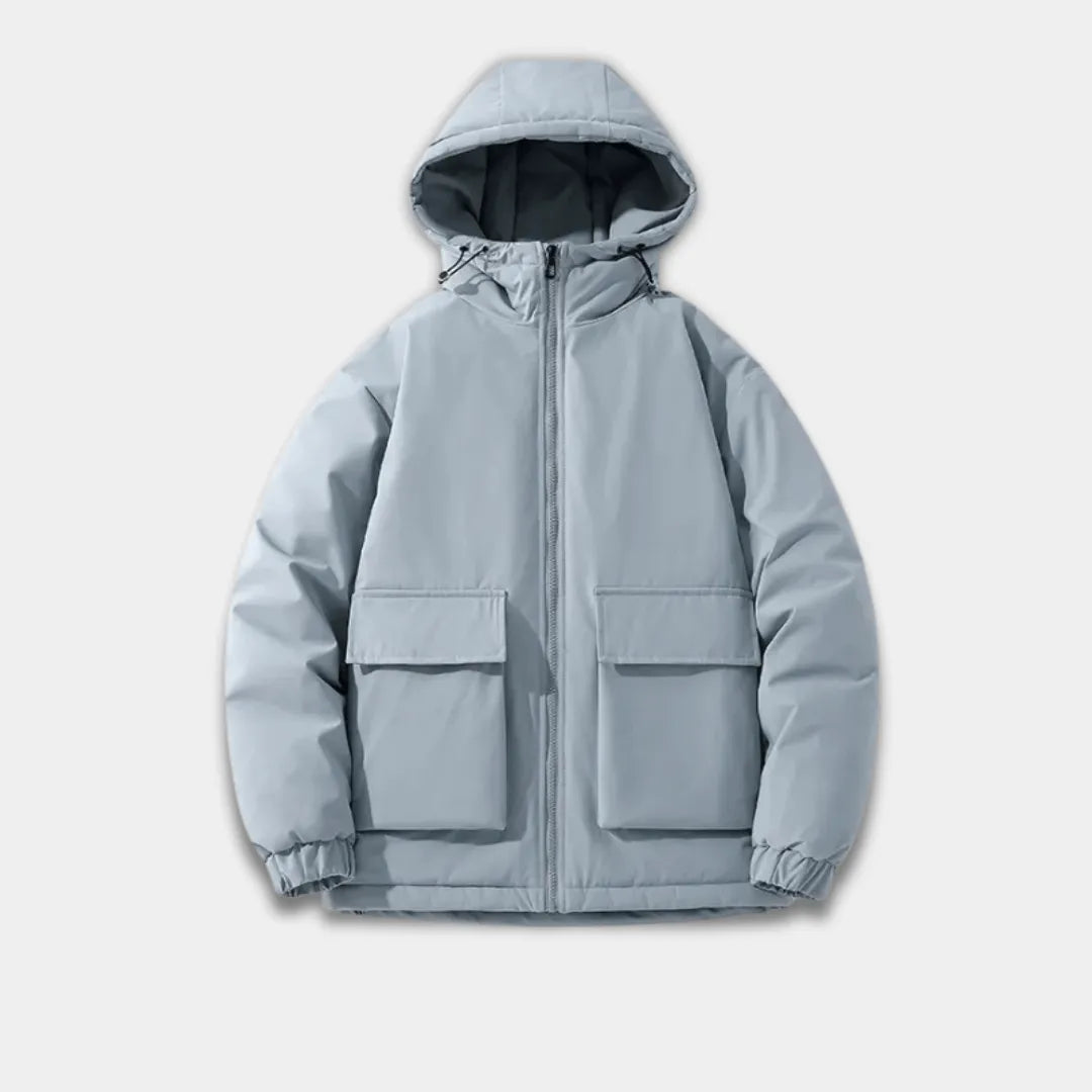 Men’s Oversized Quilted Hooded Jacket with Zip Front and Elastic Cuffs-Blue