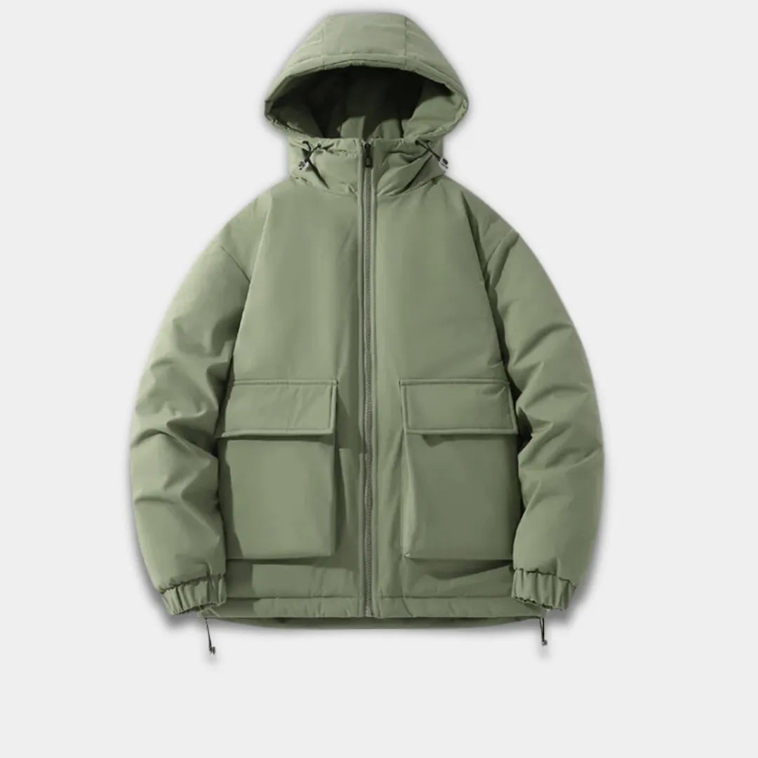 Men’s Oversized Quilted Hooded Jacket with Zip Front and Elastic Cuffs-Green