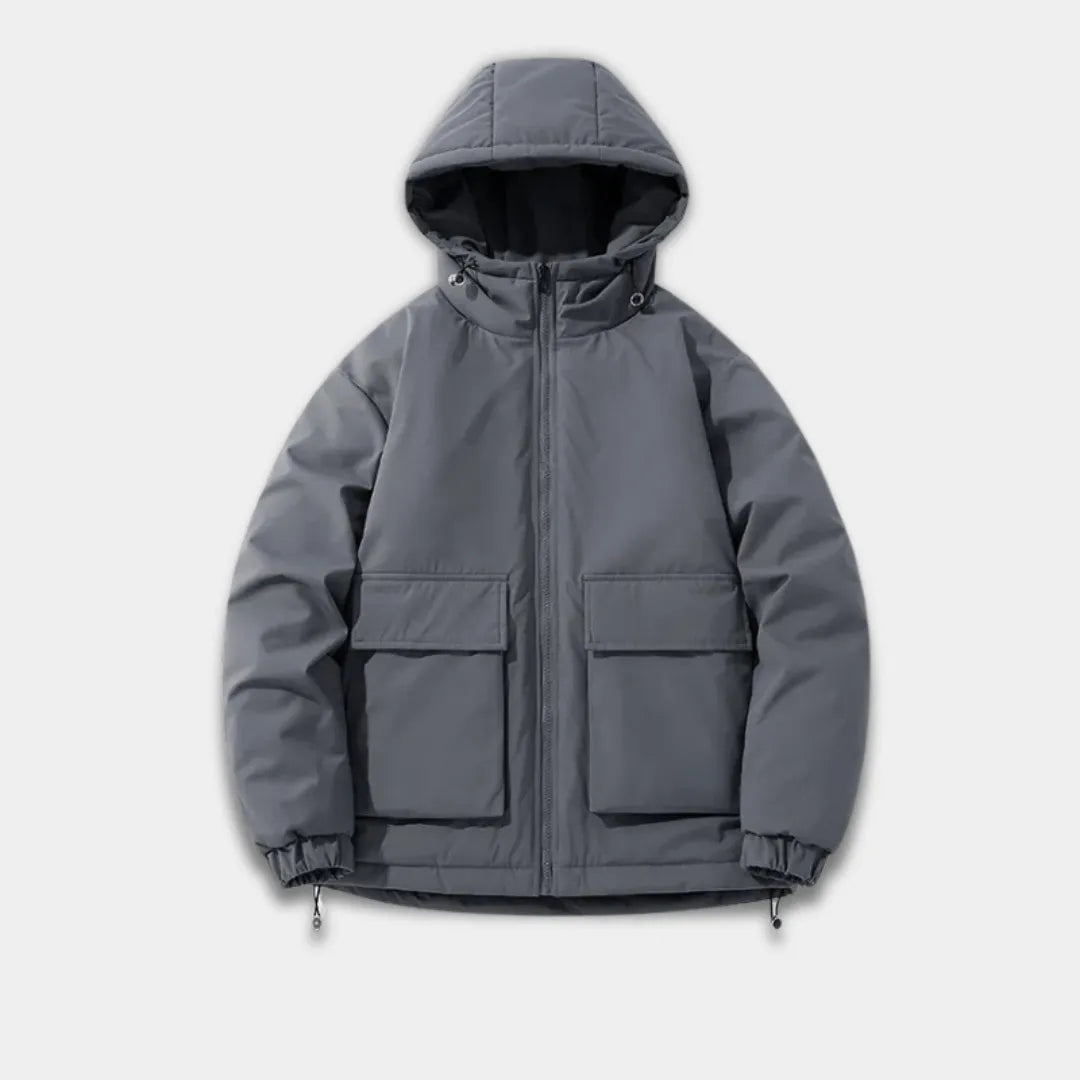 Men’s Oversized Quilted Hooded Jacket with Zip Front and Elastic Cuffs-Grey