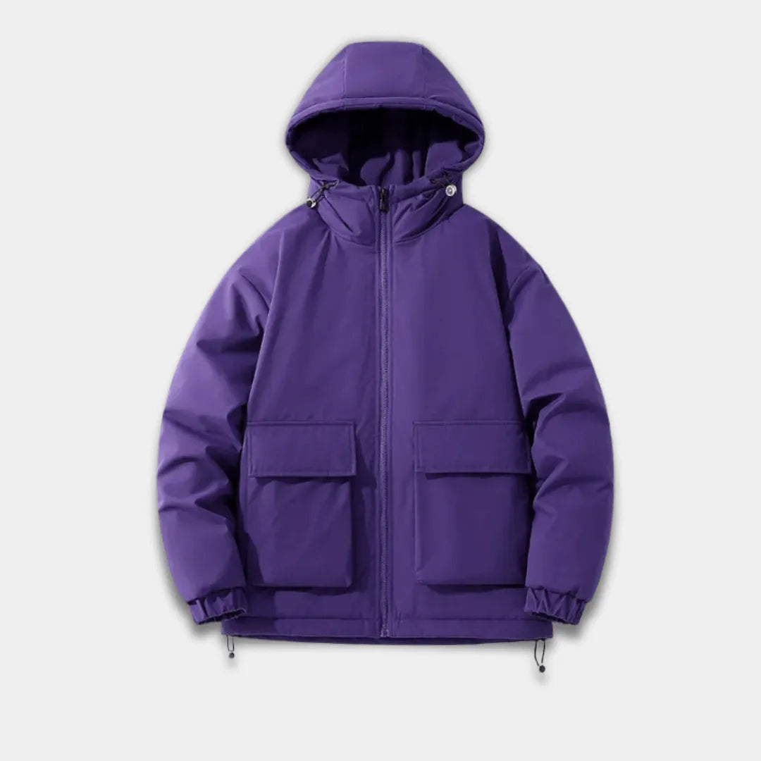 Men’s Oversized Quilted Hooded Jacket with Zip Front and Elastic Cuffs-Purple
